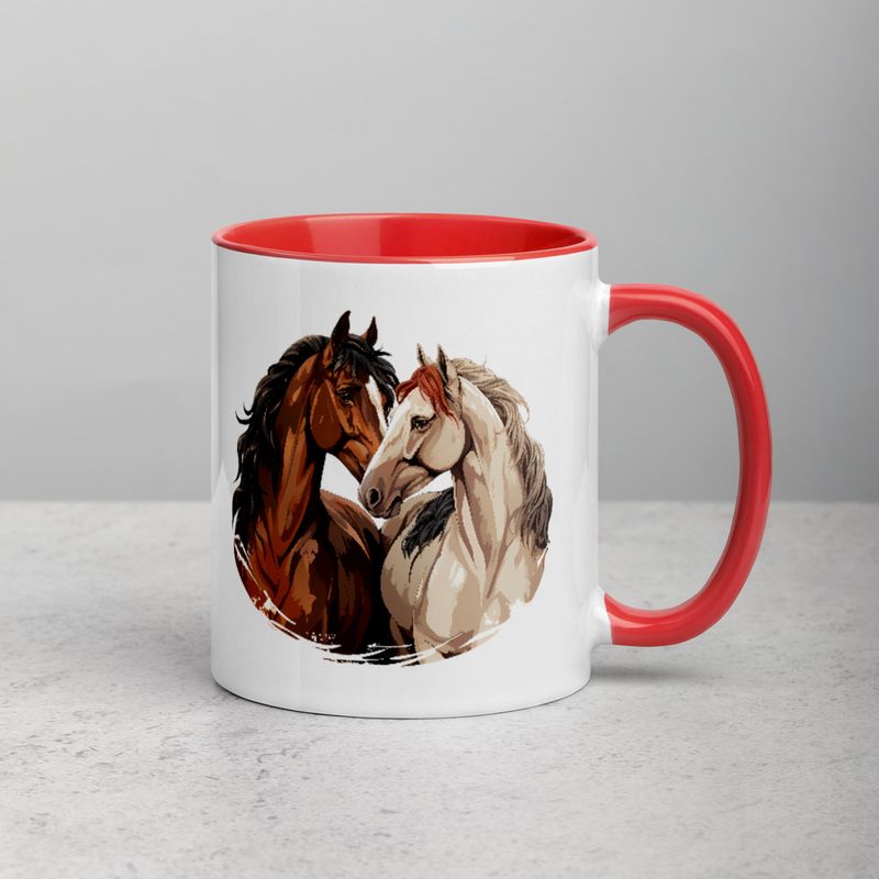 White Ceramic Mug with Color Inside, 11&amp;15oz, Horses nose-to-nose, jbgjpy