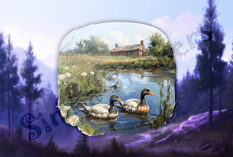 Ducks in love swimming in farmhouse pond