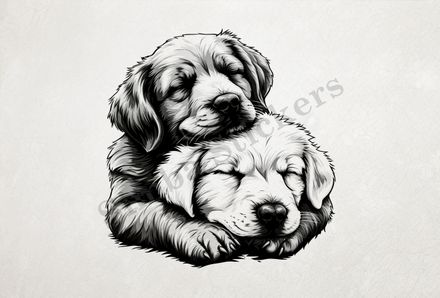 Dog, one light and one dark, cuddling, outline art