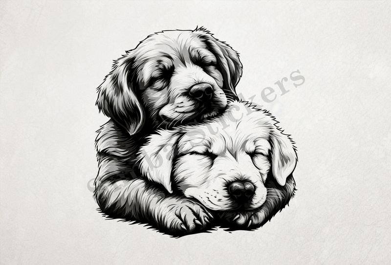 Dog, one light and one dark, cuddling, outline art