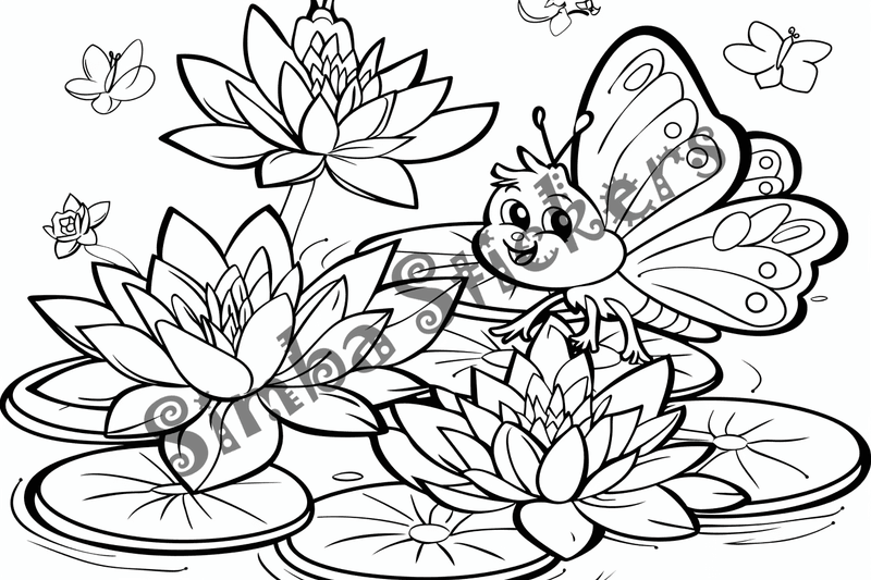 Colouring pages, bundle of butterflies over food or flowers, 25 images