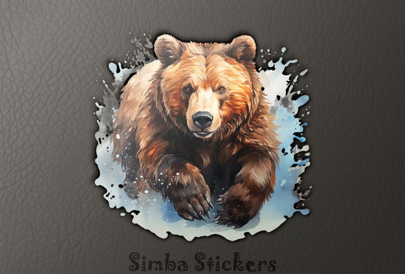 Bear running in and splashing water, watercolour, on3gih