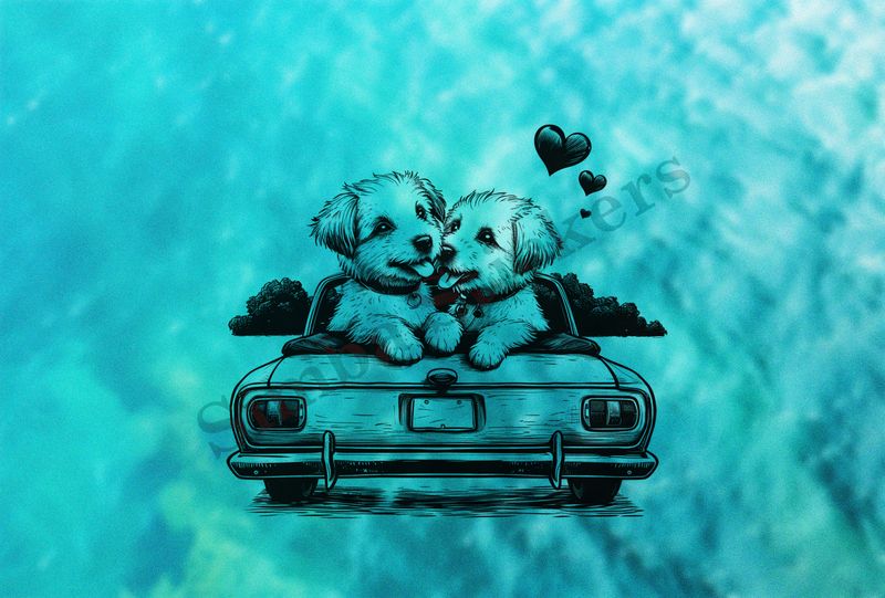 Dogs in love sitting on the trunk of a car, outline art, a6behd