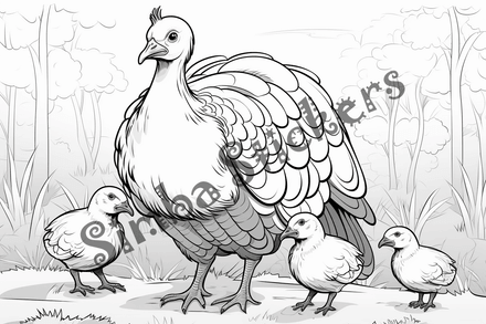 Colouring pages, bundle of turkey mother with poults, 10 images