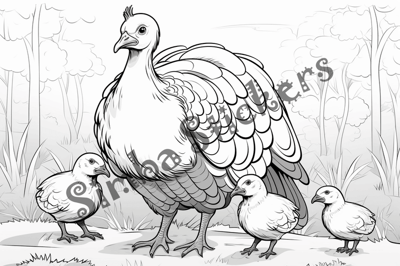 Colouring pages, bundle of turkey mother with poults, 10 images
