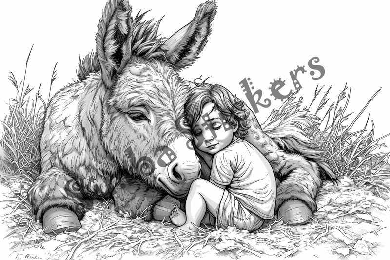 Colouring pages, bundle of donkeys with children, 25 images
