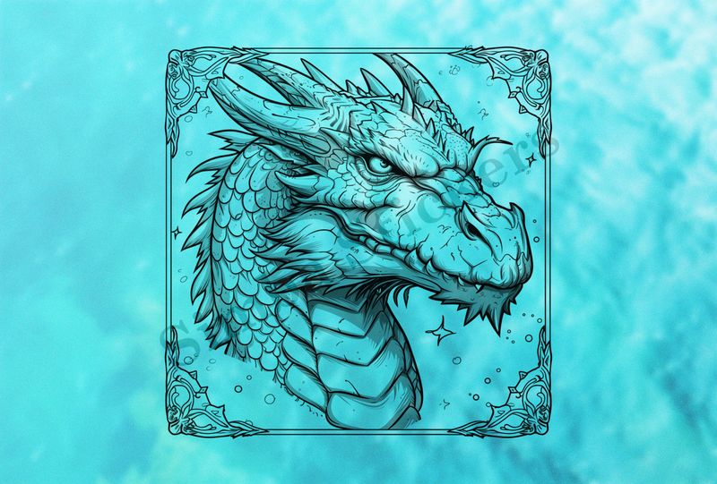 Angry-looking dragon, framed, outline art