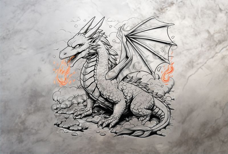 Dragon breathing fire, cloudy background, outline art