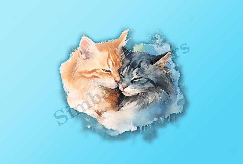 Cats cuddling, watercolour