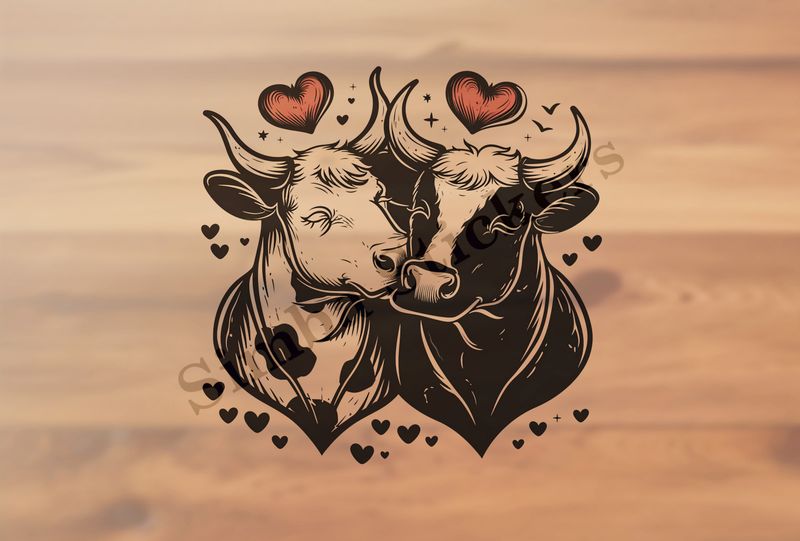 Bull and cow in love , hearts floating above outline art