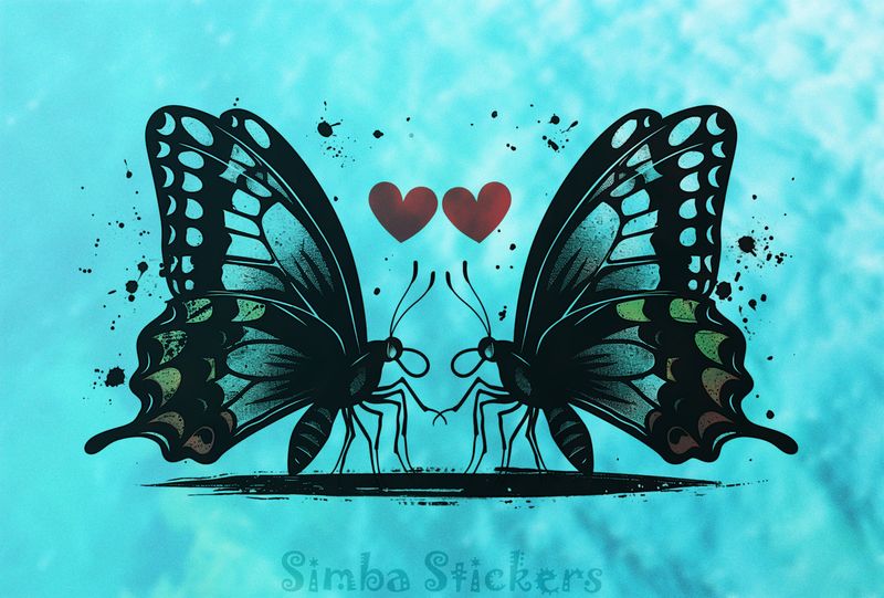 Butterflies in love Valentine&#x27;s hearts above, outline art, gnq1zp