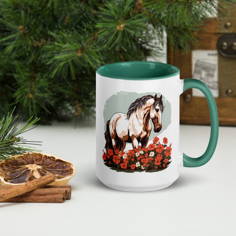 White Ceramic Mug with Color Inside, 11&amp;15oz, Brown horse in field of red flowers, n4w2fj