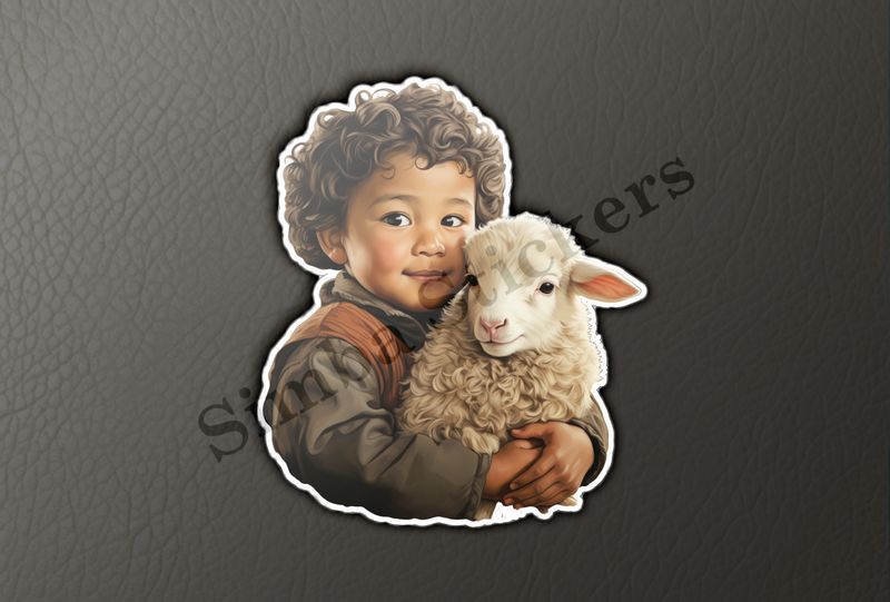 Lamb hugged by small boy of Asian origin, vintage