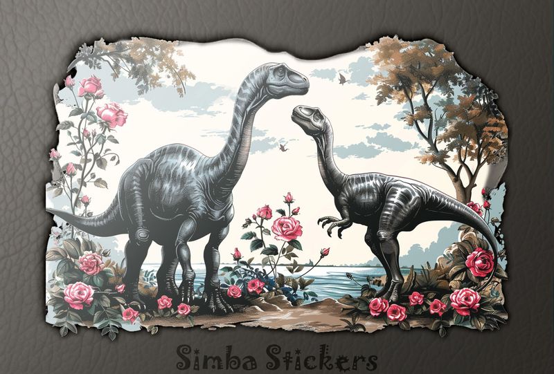 Dinosaurs in love with flowery setting, watercolour vintage