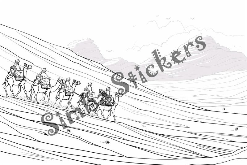 Colouring pages, bundle of Sahara Desert landscape with camels and dromedars, 10 images