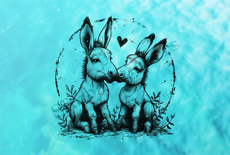Donkeys in love, nose-to-nose, sitting, outline art