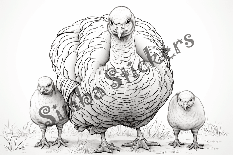 Colouring pages, bundle of turkey mother with poults, 10 images