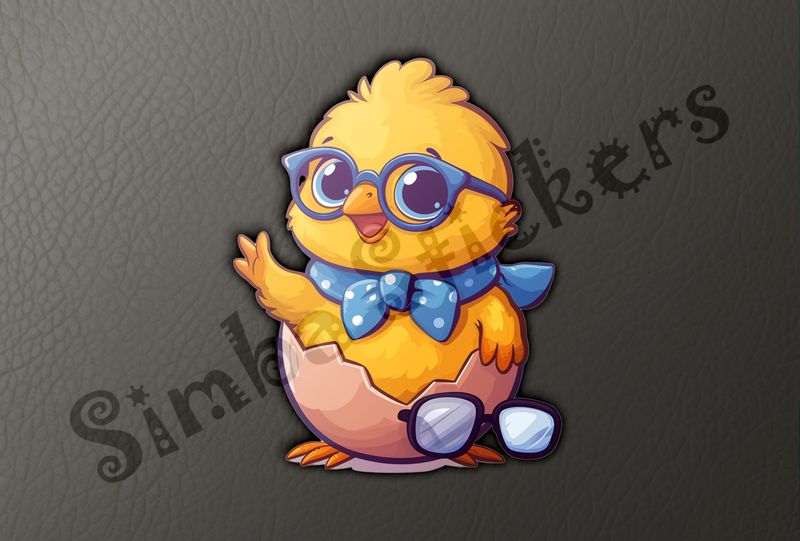 Chick in glasses and bowtie waving, spare glasses on floor