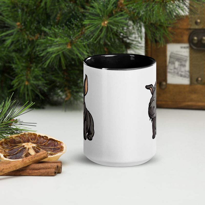 White Ceramic Mug with Color Inside, 11oz &amp; 15oz, Black rhino calf looking cute 