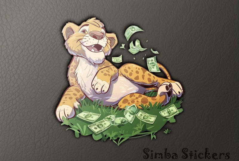 Simba Lion cub lying on flying money