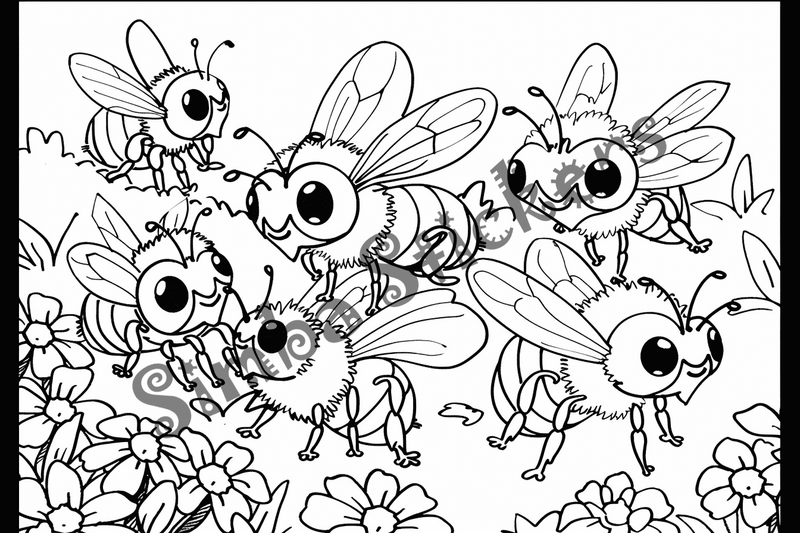 Colouring pages, bundle of bees, 50 images