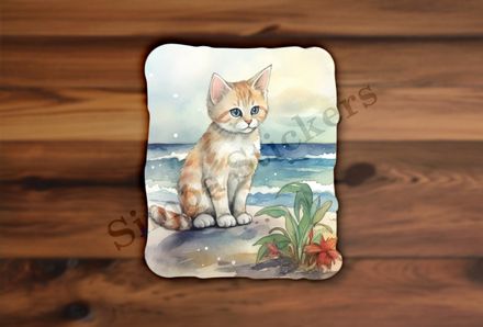 Cat, on the beach, next to flowers, watercolour