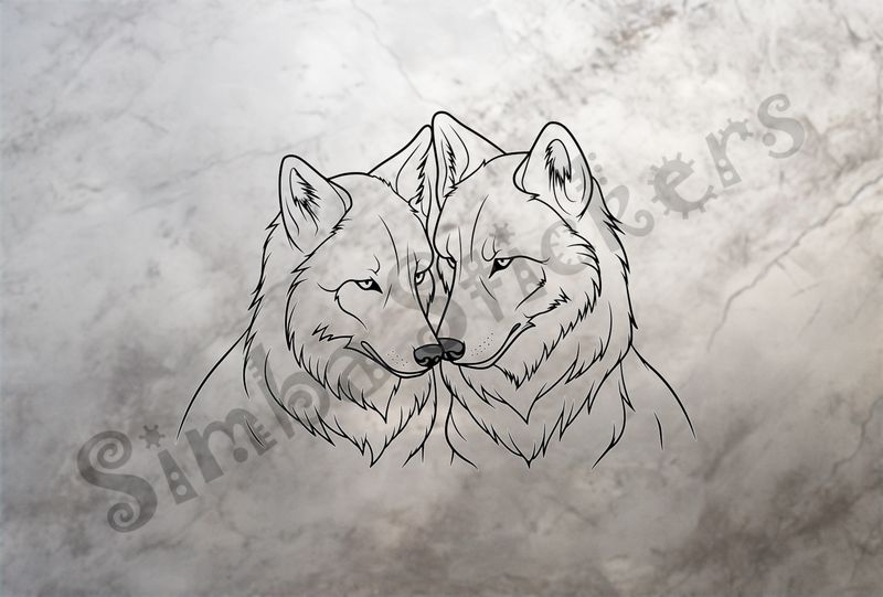 Wolves nose-to-nose, outline art