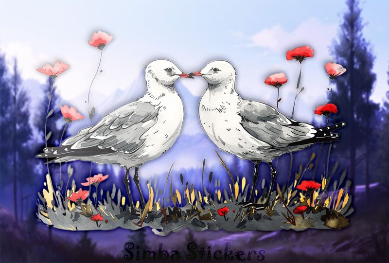 Seagulls in love beak-to-beak, watercolour, wsctc4