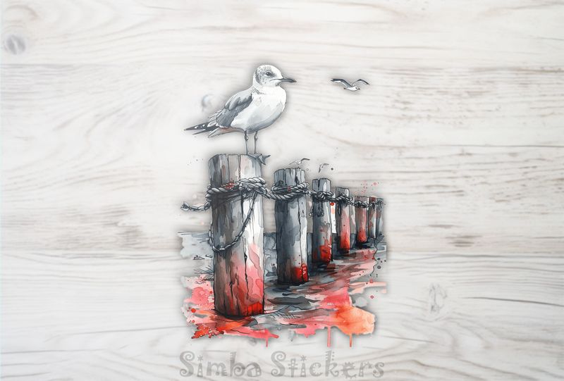 Seagull perching on strung-up pole in water, watercolour, oxacxj