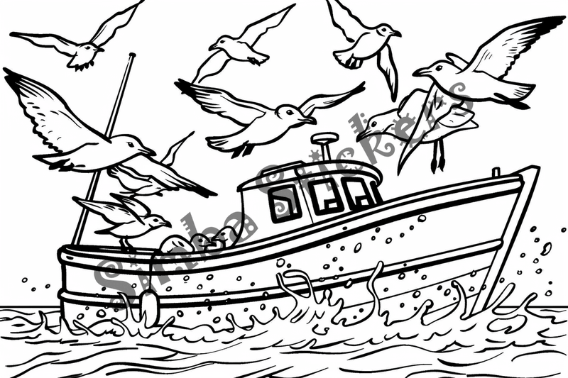 Colouring pages, bundle of seagulls harassing boats, 10 images