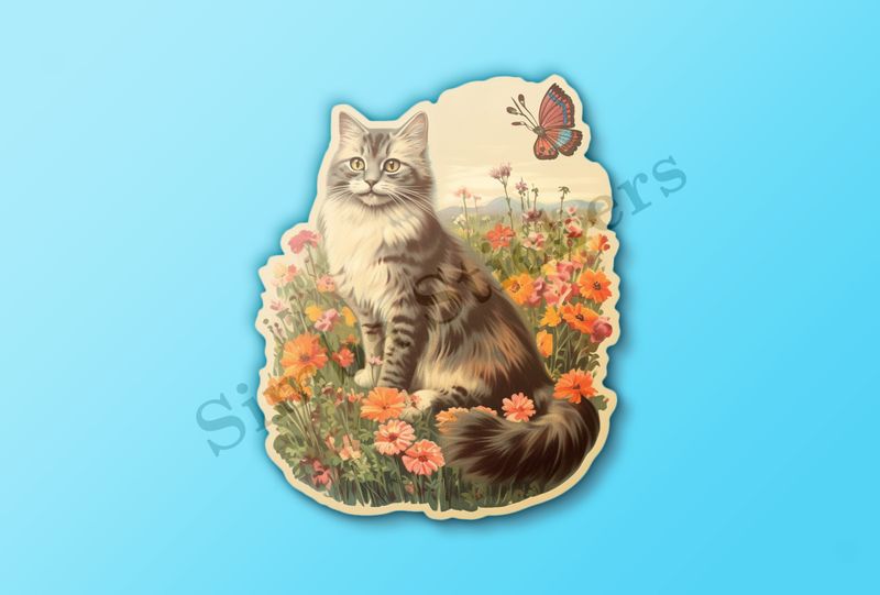 Vintage cat in flower field