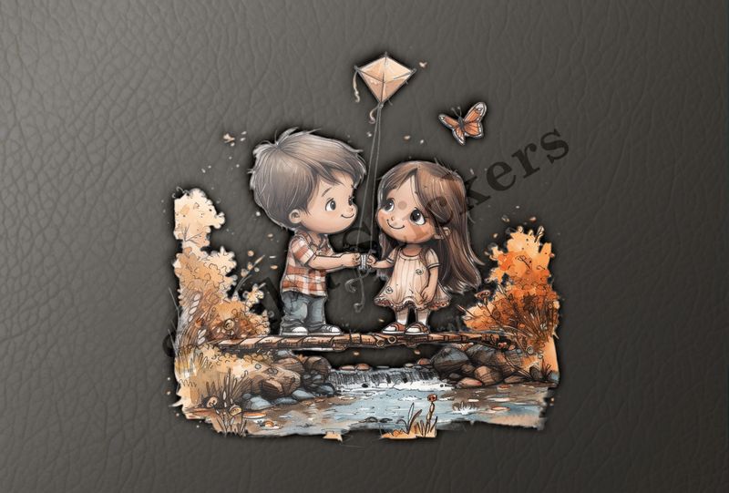 Boy and girl holding a kite on a bridge, watercolour