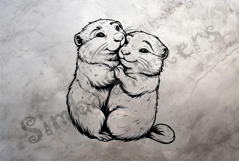Beavers embracing cheek-to-cheek happily, outline art