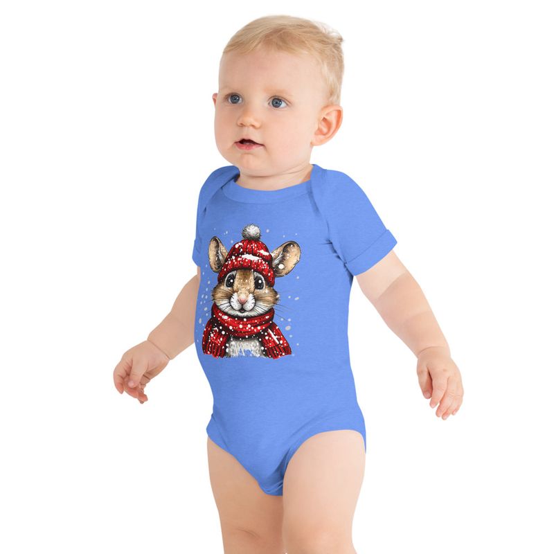Baby Short Sleeve One Piece, 3-24 Months, Mouse wearing red winter hat and scarf in the snow, xg8dl3