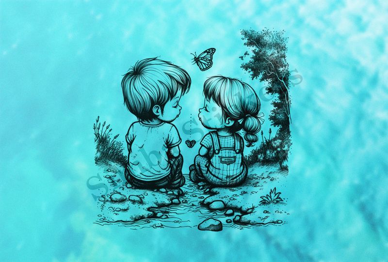 Boy and girl sitting on either side of narrow stream, outline art