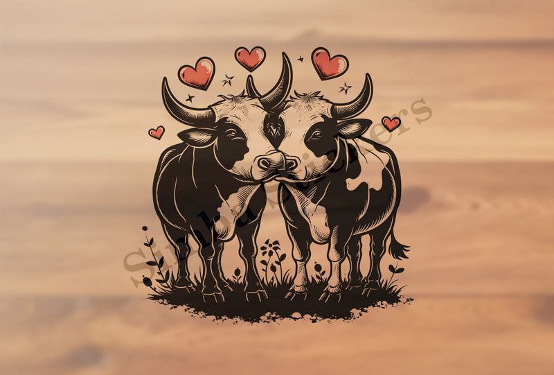 Bull and cow in love , standing in the grass, outline art