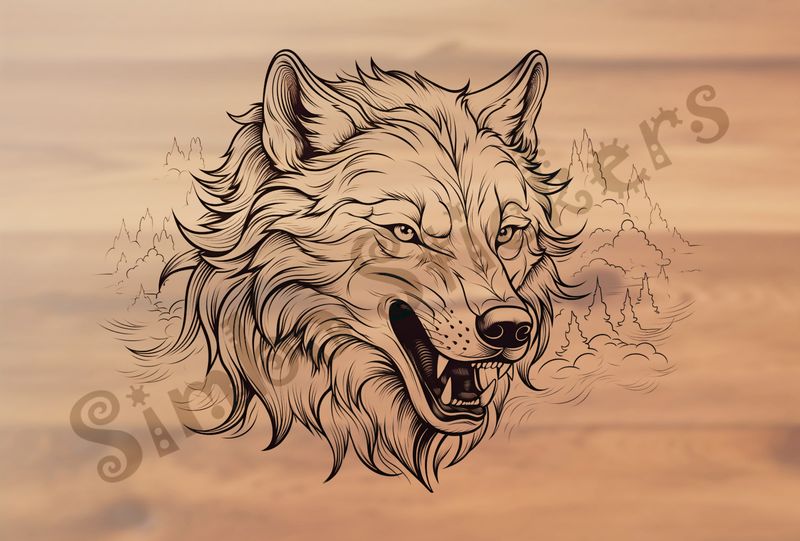 Wolf snarling, face close-up, outline art