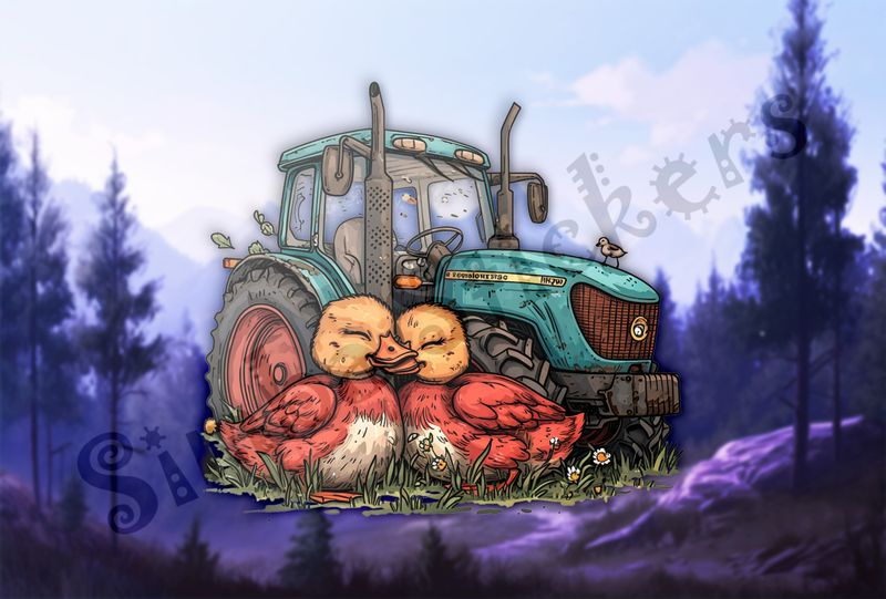Ducks cuddling in front of green tractor