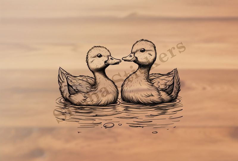 Ducks beak-to-beak in a pond, outline art