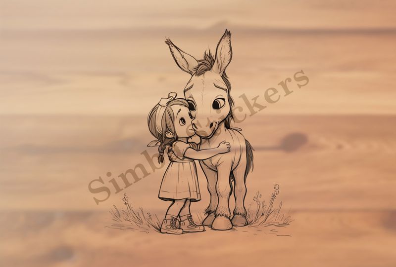 Small donkey being hubbed by a small girl outline art
