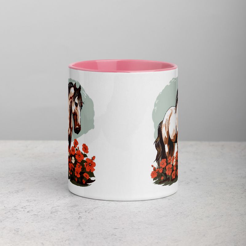 White Ceramic Mug with Color Inside, 11&amp;15oz, Brown horse in field of red flowers, n4w2fj