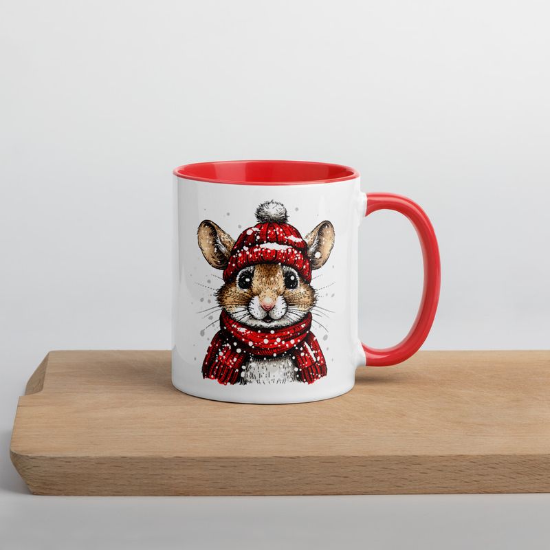 White Ceramic Mug with Color Inside, 11&amp;15oz, Mouse wearing red winter hat and scarf in snow, xg8dl3