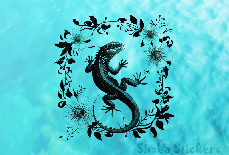 Lizard framed by white flowers, outline art
