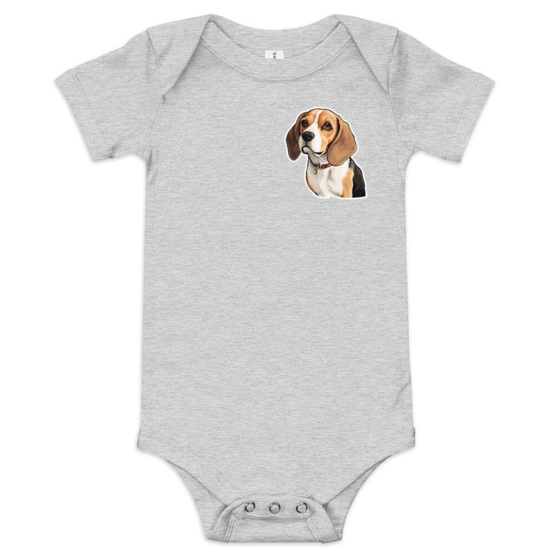 Baby Short Sleeve One Piece, 3-24 Months, Beagle dog with collar, left chest 