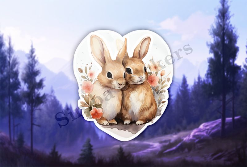Rabbits in love amongst flowers, white background