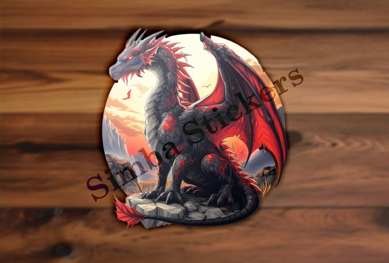 Black and red dragon perching on a high rock in the sunset