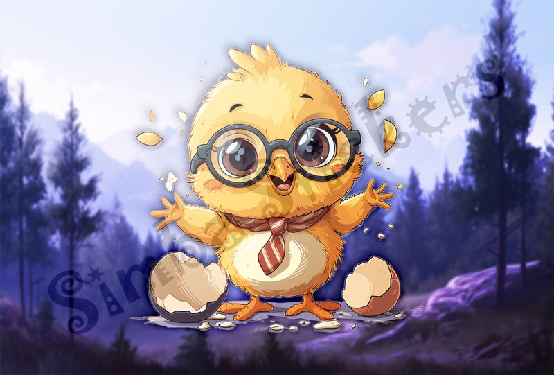 Chick in glasses and necktie arms outstreched next to eggshells