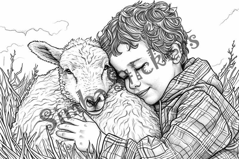 Colouring pages, bundle of sheep snugglig with child, 10 images