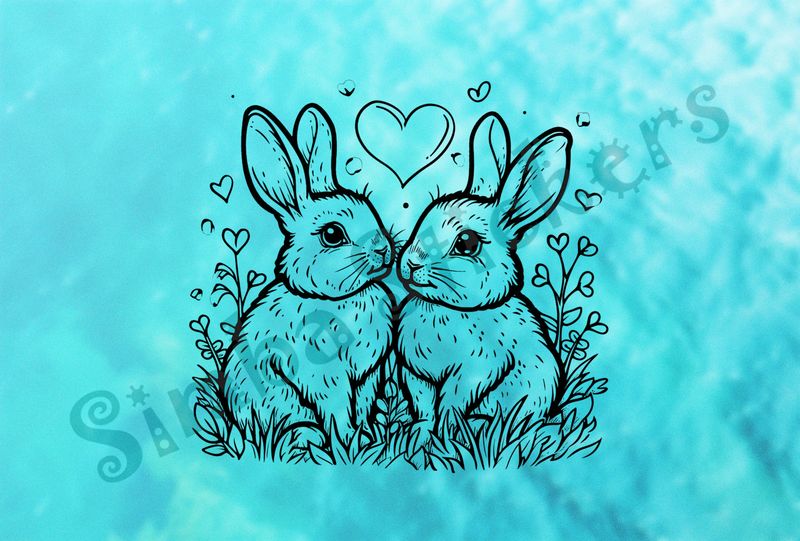 Hares in love, Valentine&#x27;s heart above, outline art