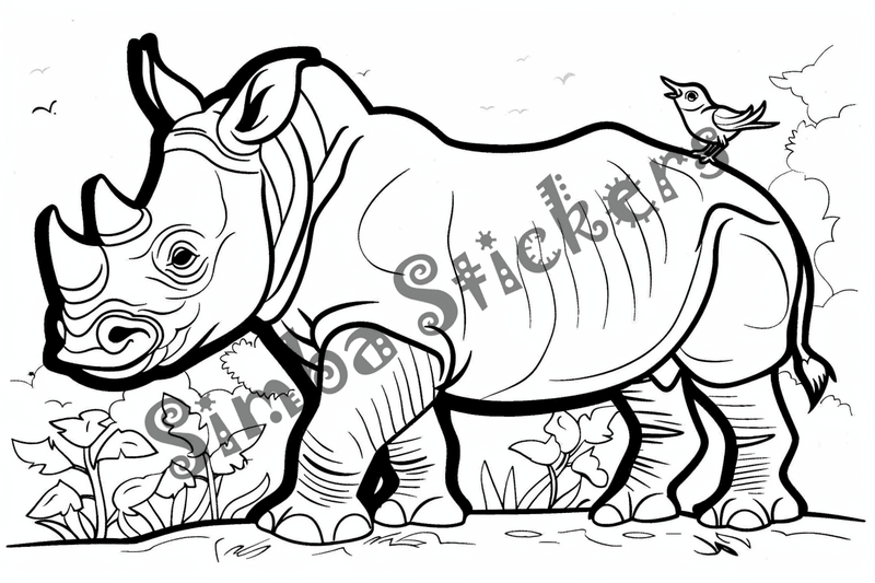 Colouring pages, bundle of rhinos with birds on back, 10 images
